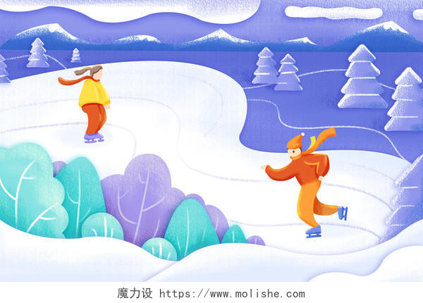 儿童插画卡通插画温暖冬季冰上运动滑冰游戏手绘清新背景素材